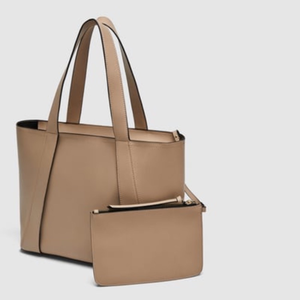 NEW Zara tan tote bag w/matching pouch